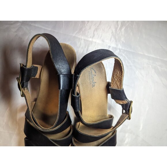 Clarks Artisan Black Leather Cork Platform Wedge Sandals Size 9m - Picture 9 of 16